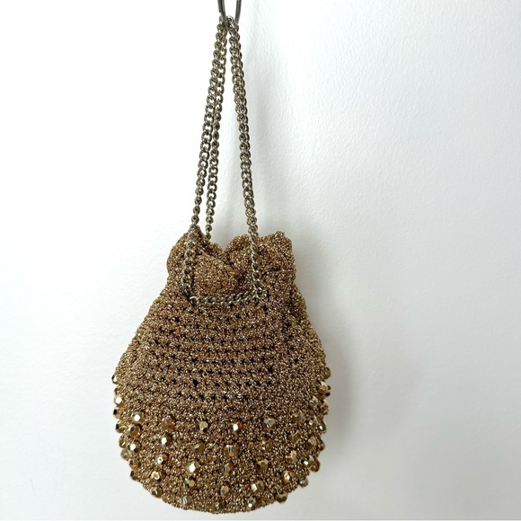Vintage Handbags - Vintage Gold Metallic Crochet Beaded Mini Bag Drawstring Chain Boho Glam Retro